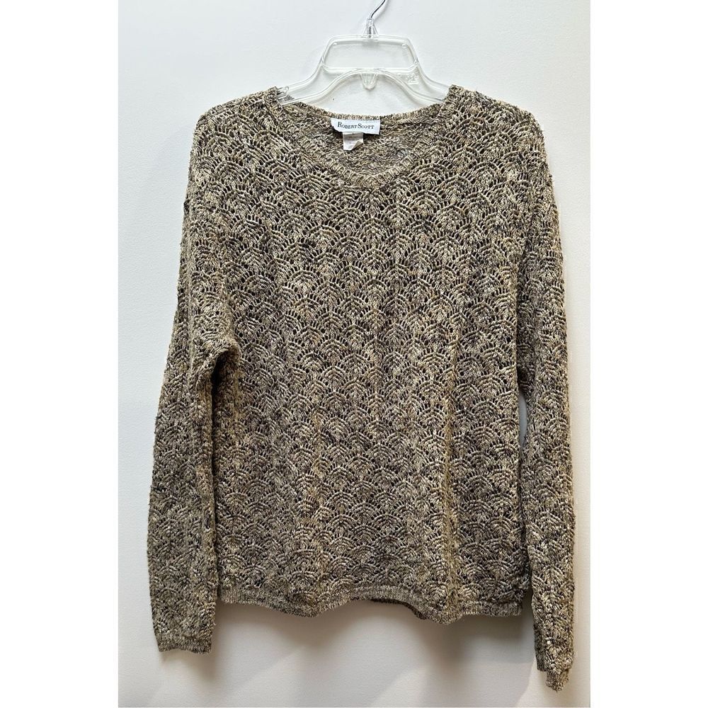 Robert Scott women’s tan brown v-neck open knit sweater size Large #28-0727